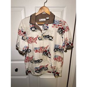 Vintage American Summer Motorcycle Polo Shirt Mens Medium USA Biker Print